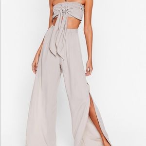 Taupe Crinkle Crop Top Pant Set